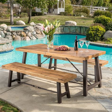 noble house teak rustic metal bench set of|Farmhouse Outdoor Acacia Wood Picnic Dining Set .